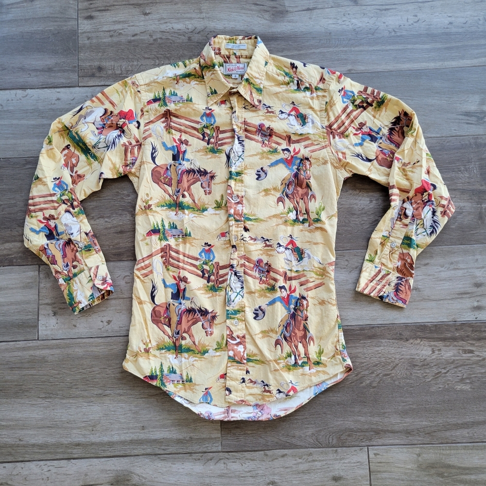Vintage Nick and Nora 90s Pajama Top Western Cowboy Print Shirt Small USA made - Picture 1 of 6